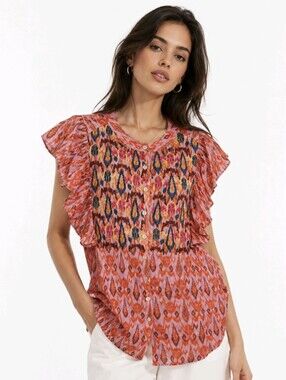 Figue Blouse Pink Orange Ikat Beaded Embroidered Size XS